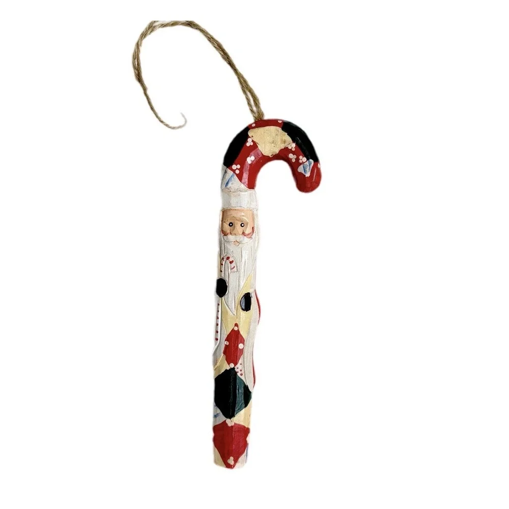 Vintage‎ Carved Wooden Candy Cane Santa Christmas Ornament Holiday Collectible